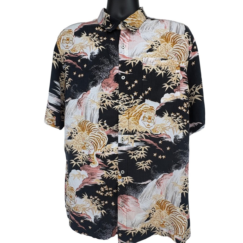 7 Diamonds Tiger Print Rayon Camp Shirt Mens XL Black Japanese Bamboo Button Up